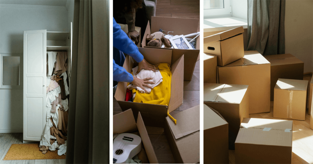 A triptych of images illustrating home organization: an overstuffed wardrobe, hands packing items into moving boxes, and a sunlit room filled with stacked cardboard boxes.
