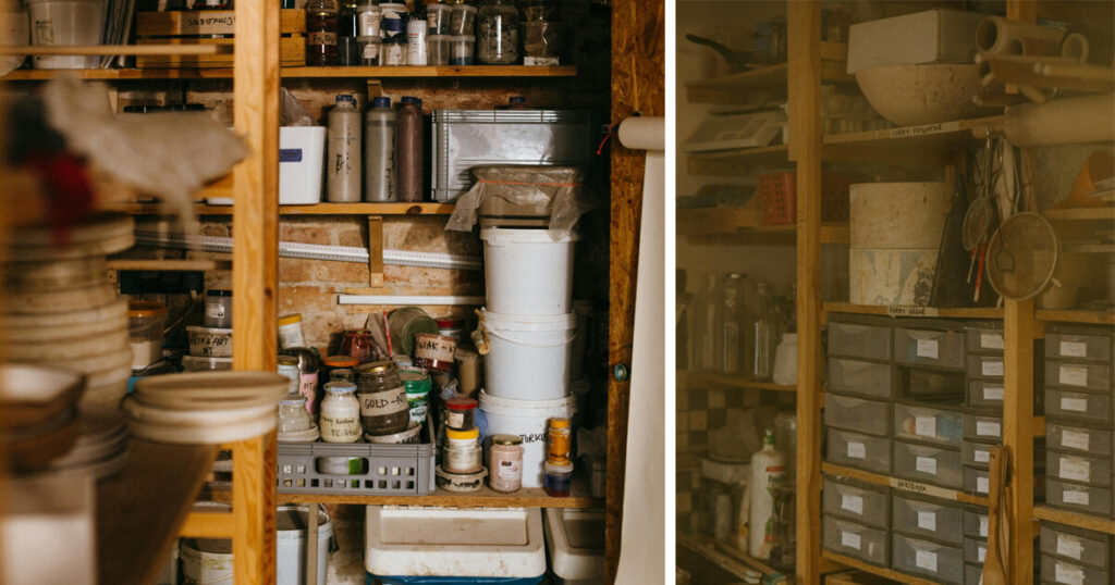 Two wooden shelving units filled with an assortment of jars, containers, and tools, creating a rustic food storage atmosphere. On the left, shelves hold labeled jars alongside stacked buckets and trays. On the right, labeled drawers and bowls are neatly arranged, but still have a caotic effect. The warm tones of the wood and soft lighting evoke a sense of creative organization in a busy pantry.