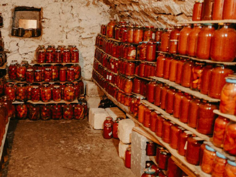 Rustic pantry with neatly organized shelves filled with jars of preserved fruits, vegetables, and sauces, showcasing an efficient and traditional approach to pantry organization.