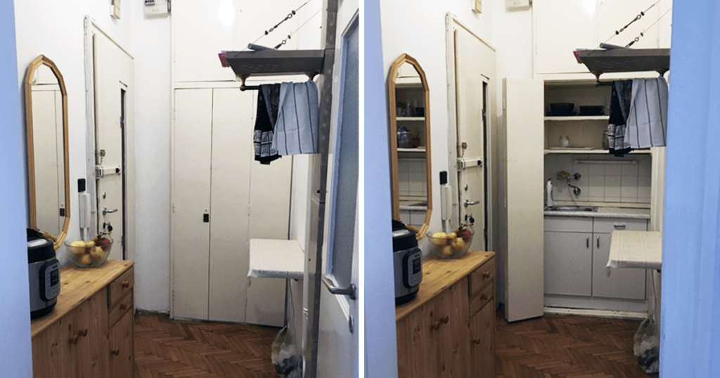No kitchen apartment cooking setup. My compact living space showcasing a clever or interesting use of storage and organization. The left image shows closed white cabinets blending seamlessly into the wall, while the right image reveals a hidden kitchenette with shelves, a sink, and cabinets tucked behind the doors. A wooden dresser with a mirror and an electric cook means the kitchen for me for more than a year. Perfect example of maximizing small spaces in a practical yet stylish way.