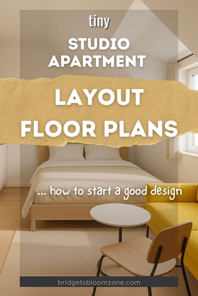 Minimalist studio apartment with a simple bed, yellow sofa, round coffee table, and accent chair arranged in a compact yet functional layout—ideal for maximizing small apartment space with efficient design ideas.