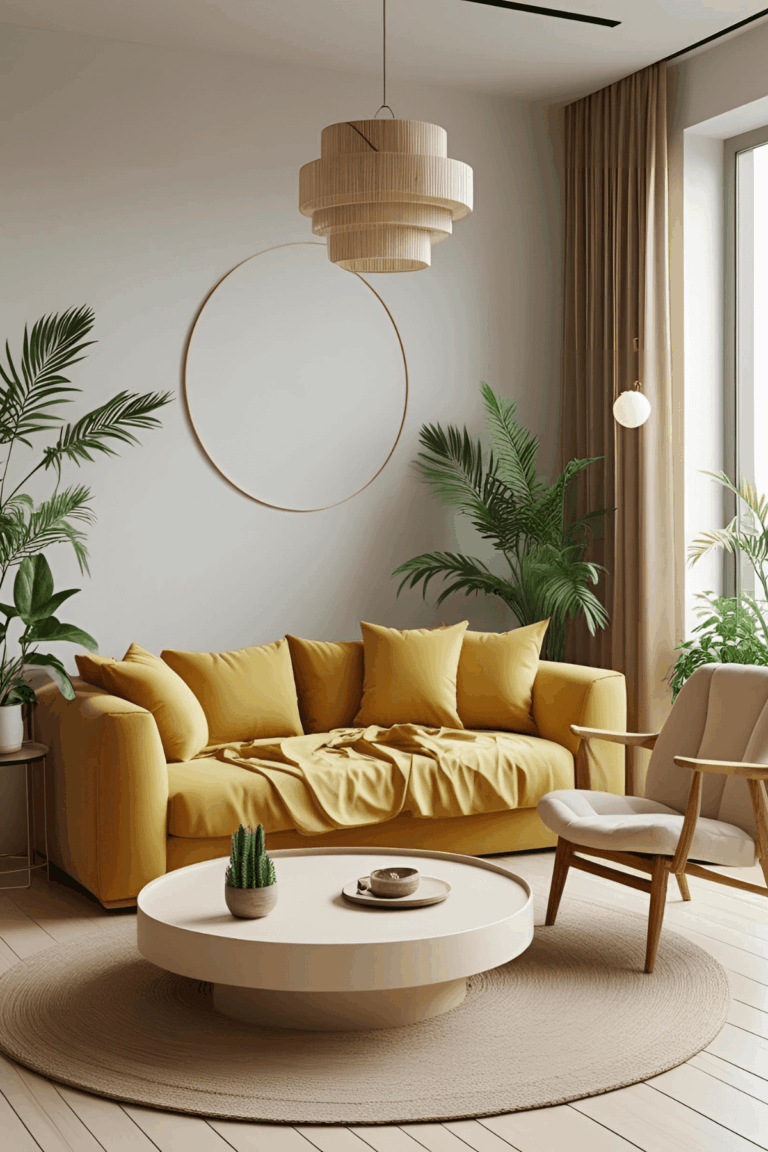 Bright and modern living area in a studio apartment featuring a bold yellow sofa with matching pillows, a round beige coffee table on a textured rug, a light wood armchair with white cushions, and several potted green plants. The space is styled with neutral curtains, a large round wall mirror, and a sculptural pendant light, creating a cozy and inviting atmosphere—perfect inspiration for the start of a studio apartment renovation project.