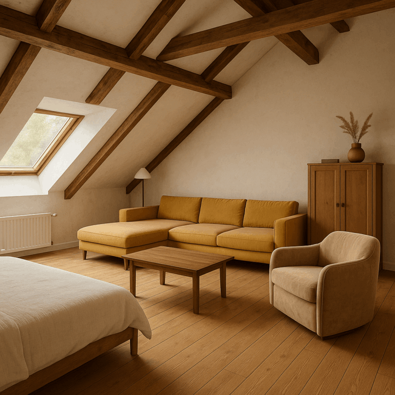 Illustration for a functional layout for small apartments: the minimalistic approach and keeping the character can help. Warm and inviting attic studio apartment with exposed wooden beams, an asymmetric yellow sectional sofa, a solid beige armchair, a wooden coffee table, and a matching wooden cabinet. The bed with a simple white cover sits in the foreground, while natural light streams in from a large skylight window, highlighting the minimalist and cozy design—perfect inspiration for a small, apartment renovation.