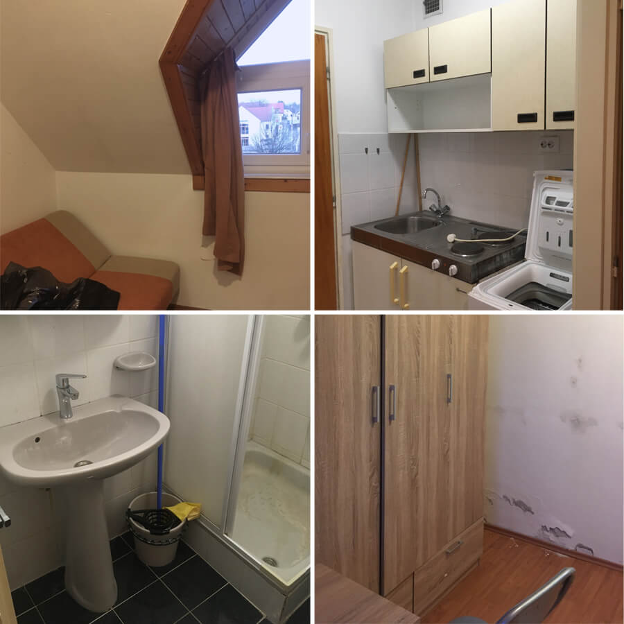 Collage of four “before” photos of a small studio apartment prior to renovation. The images show a simple sofa, a dated kitchenette with basic cabinets, a small bathroom with a pedestal sink and shower, and a corner with a wooden wardrobe and visible wall damage. Perfect example of a studio apartment renovation project in need of updates and improved organization.