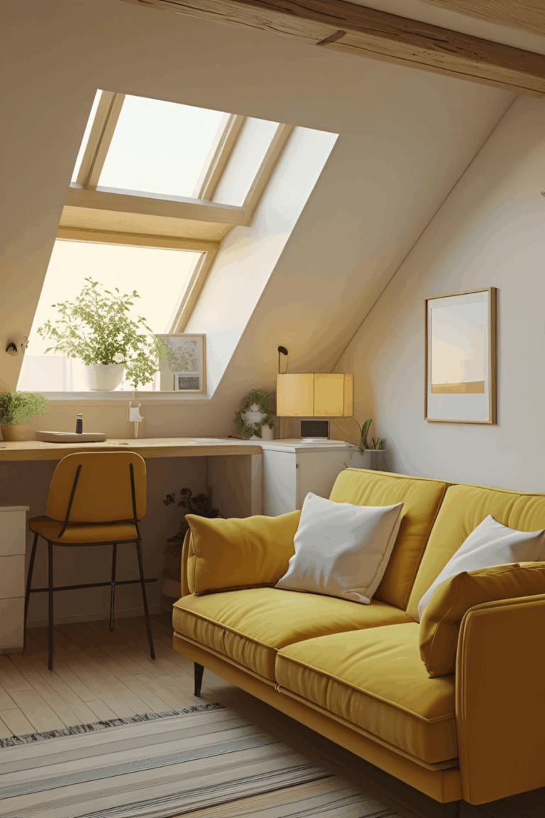 Bright attic studio apartment with a yellow sofa and white pillows, a matching yellow chair at a built-in desk under large skylight windows, and several potted plants adding greenery. The space features light wood floors, a striped rug, and minimalist decor, illustrating a cozy and functional small apartment layout.