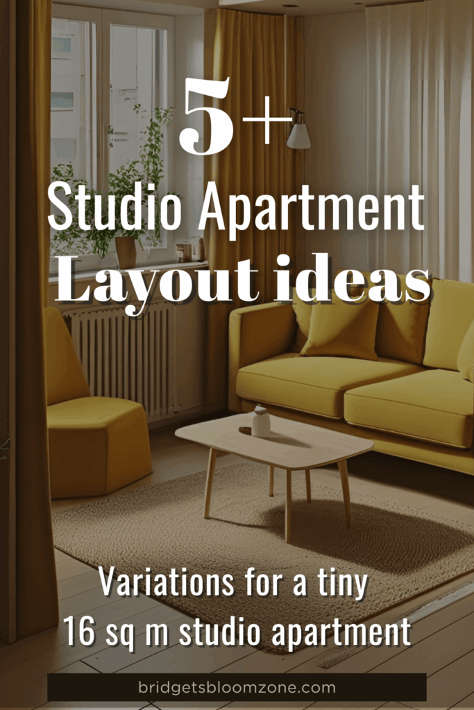 Graphic for a blog post titled "5+ Studio Apartment Layout Ideas" with the subtitle "Variations for a tiny 16 sq m studio apartment." The image features a cozy, modern studio living area with a yellow sofa, matching armchair, coffee table, and large windows with yellow curtains, designed to inspire small space layouts.
