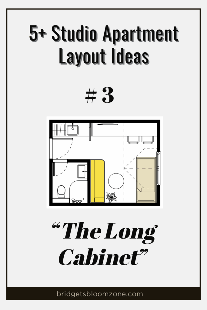 Graphic titled "5+ Studio Apartments Layout Ideas" featuring layout #3, "The Long Cabinet." The image shows a studio apartment floor plan with a bathroom, kitchenette, bed, and a prominent long yellow storage sofa dividing the space, illustrating efficient storage solutions for compact living.