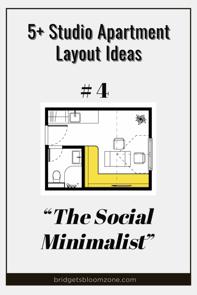 5+ Studio Apartment Layout Ideas" featuring layout #4, called "The Social Minimalist." The floor plan shows a studio apartment with a bathroom, kitchenette, and a large yellow L-shaped sofa creating a social seating area, with a small dining table and chairs, ideal for minimalist living and entertaining.