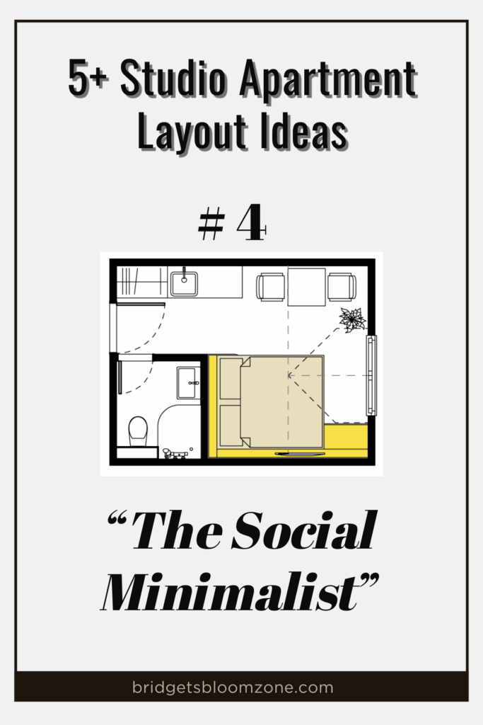 Graphic titled "5+ Studio Apartment Layout Ideas" featuring layout #4, "The Social Minimalist." The image shows a studio apartment floor plan with a bathroom, kitchenette, a bed placed against a yellow sofa, and a small dining area with two chairs, illustrating a minimalist layout designed for socializing and efficient use of space.