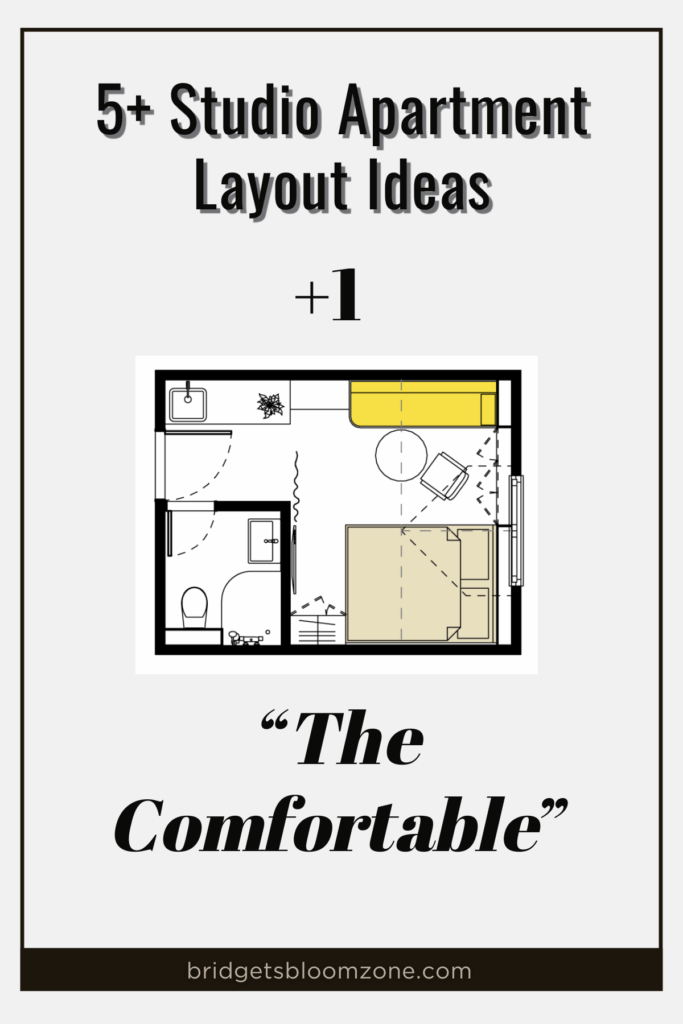 5+ Studio Apartment Layout Ideas" featuring layout +1, called "The Comfortable." The floor plan shows a studio apartment with a bed, a compact bathroom, a kitchenette, and a cozy seating area with a yellow sofa and round table, designed for both relaxation and efficient use of space.