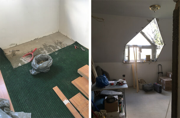 Two photos showing the demolition stage of a studio apartment renovation. The left image displays a corner of the room with old green carpet partially removed and wood flooring planks that have already been removed. The right image shows a room with a unique geometric window, construction materials, tools, and boxes scattered around, highlighting ongoing repairs to the window area and general renovation work.