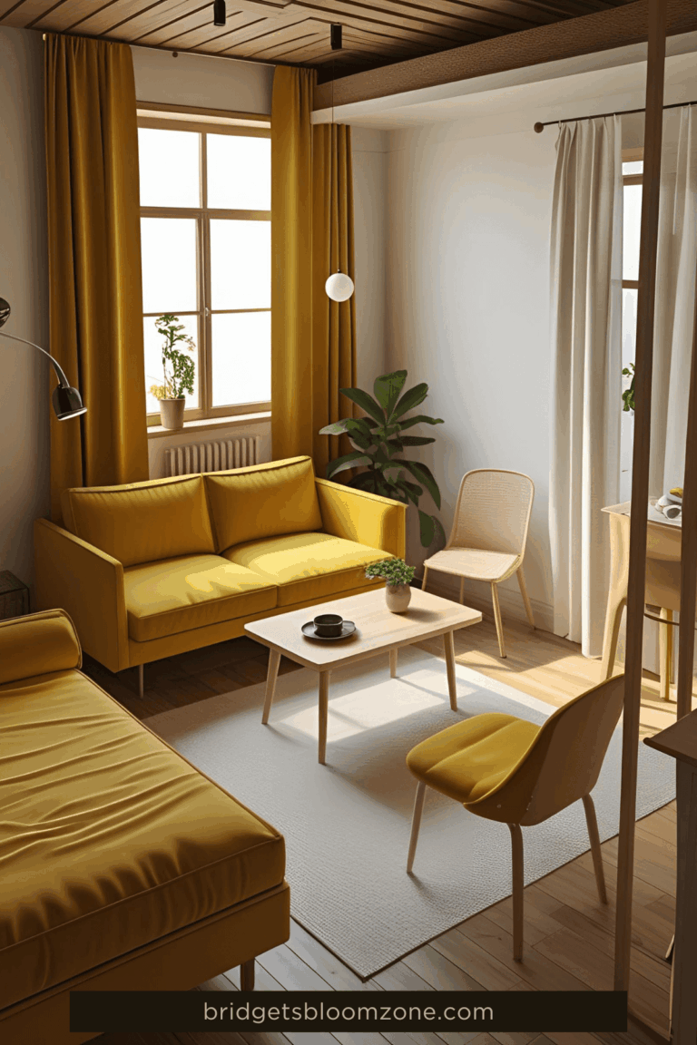 Bright and modern studio apartment living area with yellow sofas, a matching yellow chair, a light wood coffee table, and large windows with yellow curtains. The space is decorated with potted plants and natural light, illustrating a stylish and functional layout for small studio apartments.