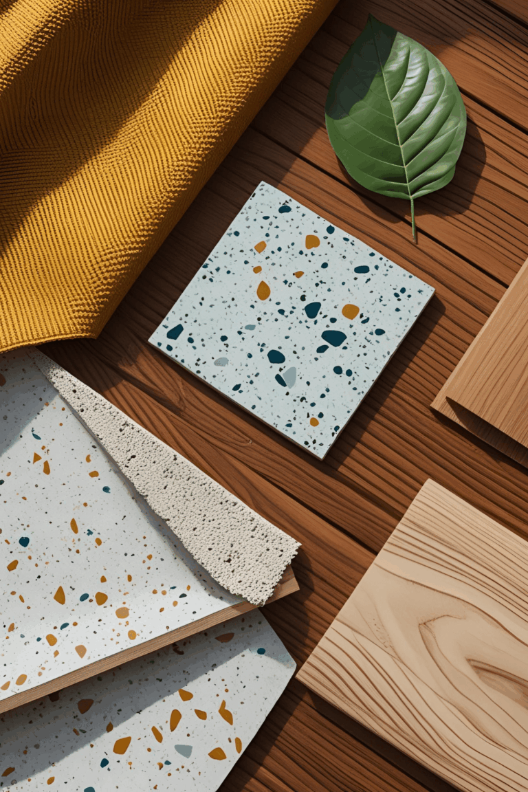 Flat lay of interior design materials for a studio apartment inerior renovation, featuring a terrazzo tile sample with yellow and blue accents, a piece of textured insulation board, light wood flooring samples, a mustard yellow fabric swatch, and a green leaf, all arranged on a wooden surface to showcase the renovation’s color and material palette.