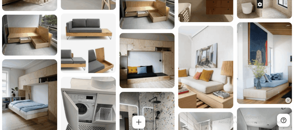 Pinterest moodboard screenshot displaying clever small apartment furniture solutions, featuring modular sofas, under-bed storage, Murphy beds, compact laundry and bathroom fittings, and multi-functional living space designs for maximizing small apartment layouts.