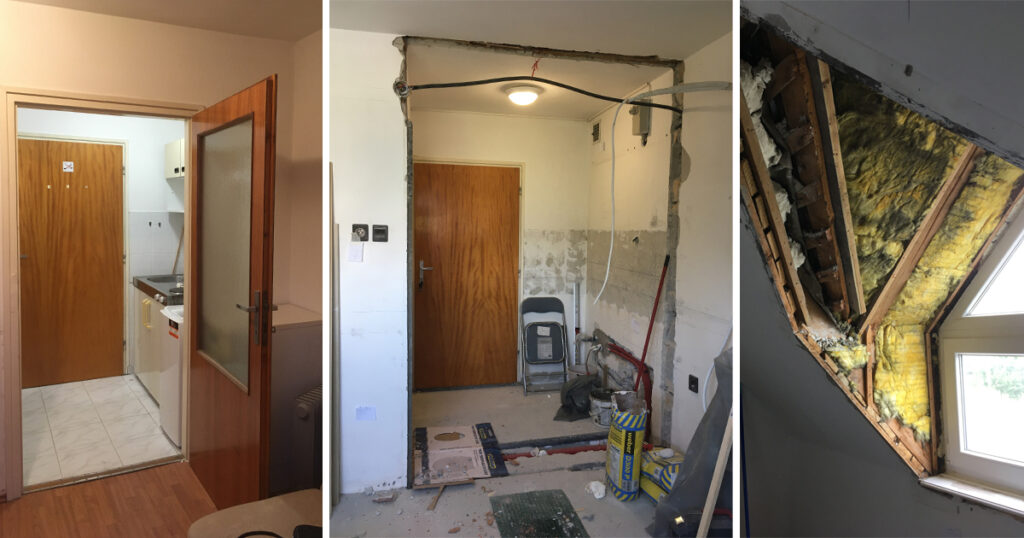Triptichon of the details of the demolition: first image is the original room with a door, wall, mahagoni colored doors. Second picture shows that this wall with the door was torn dow. Third picture is made after the wooden cladding was removed around the window.