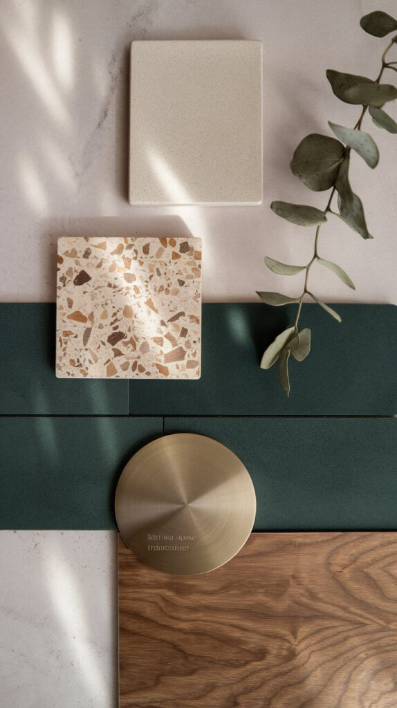 A modern material palette for small bathroom renovation featuring a terrazzo tile, cream tile, deep green accent, brass fixture sample, wood finish, and a eucalyptus sprig for natural inspiration.