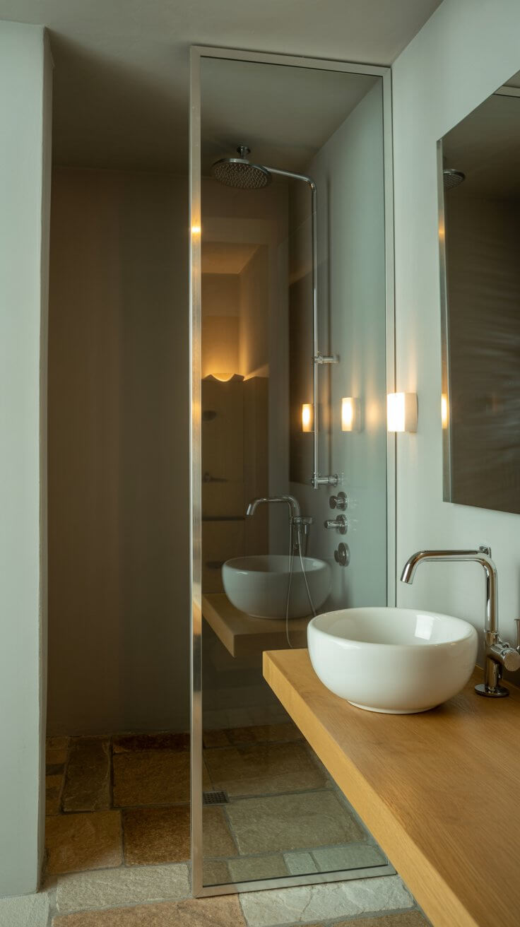 Modern small bathroom with a frameless glass shower, large wall mirror, vessel sink on a wooden countertop, and natural stone floor tiles, showcasing how reflective surfaces and natural materials can enhance space and light.