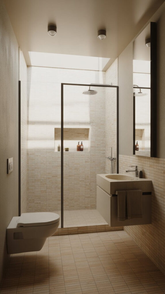 Bright, minimalist small bathroom featuring a walk-in glass shower, wall-mounted toilet, floating vanity, and light beige tiles, demonstrating the use of neutral colors, open layouts, and built-in shelving to create an airy, spacious feel.