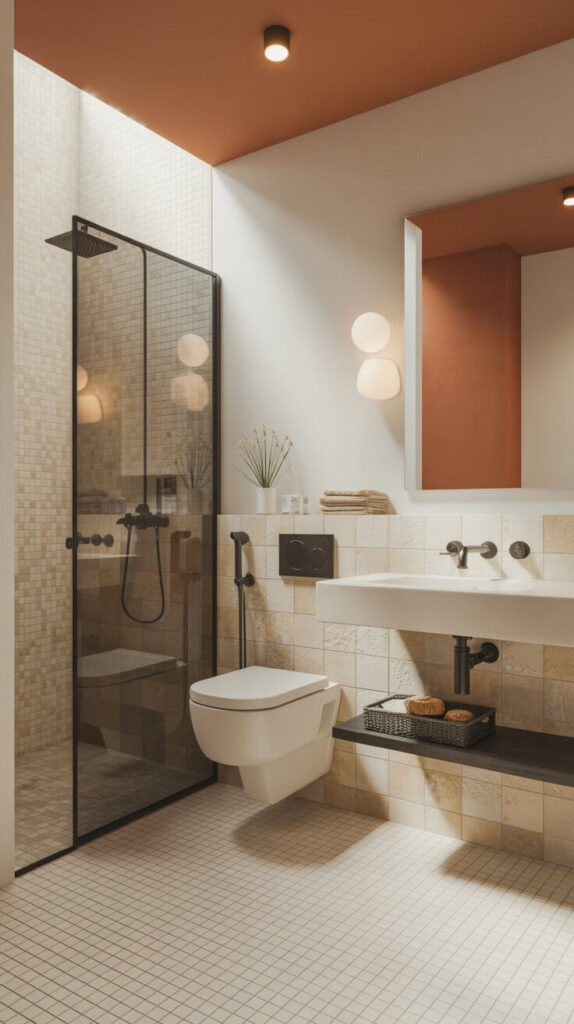 Contemporary small bathroom with a black-framed glass shower, wall-mounted toilet, large mirror, and a mix of beige and white tiles, highlighting the impact of contrasting fixtures, layered lighting, and geometric tile patterns for a stylish, functional space.