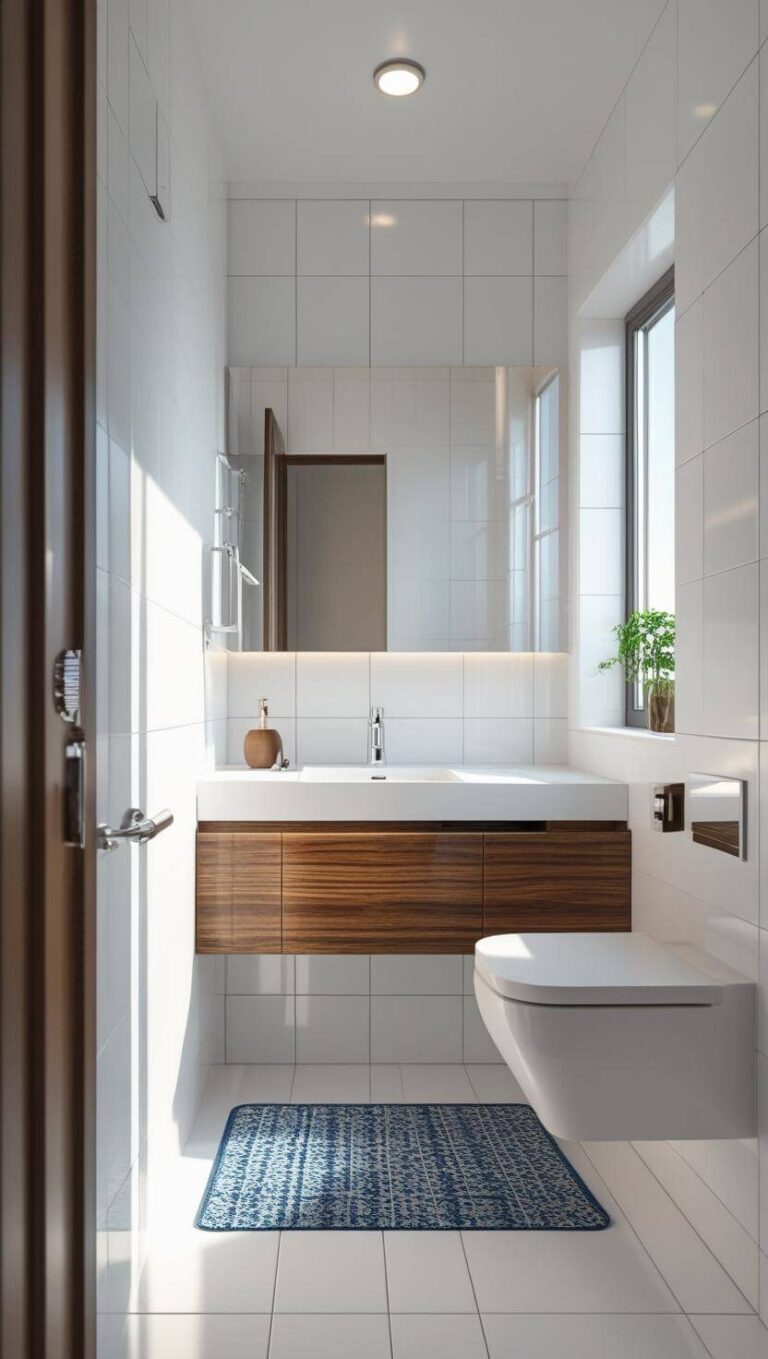 Modern small bathroom with glossy white tiles, a floating wood vanity, large wall mirror, wall-mounted toilet, and a blue patterned rug, demonstrating how reflective surfaces, natural wood, and minimal decor can create a spacious and inviting feel.