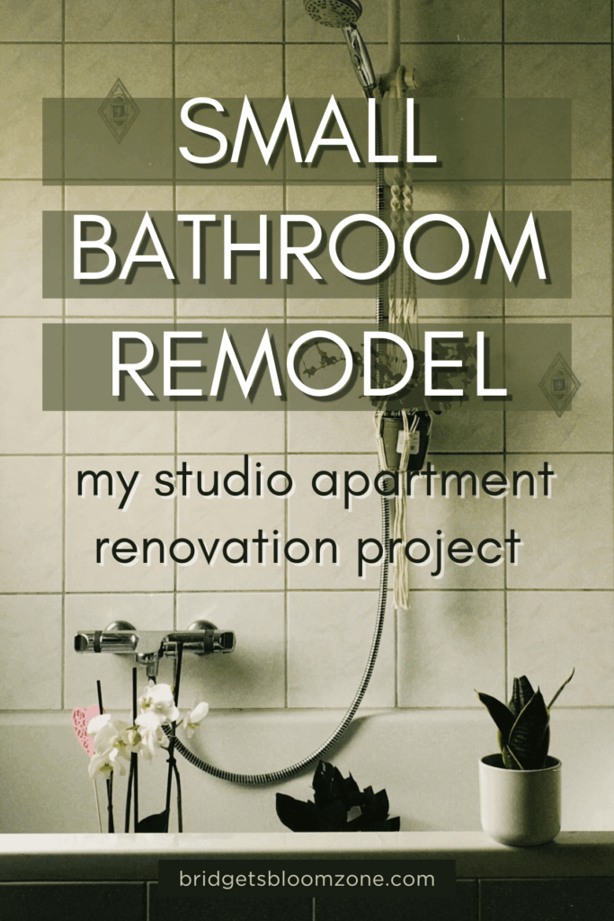 Bathtub with white square tiles, a handheld showerhead, wall-mounted faucet, potted plants, and a white orchid, illustrating a small bathroom remodel in a studio apartment with simple, calming decor.