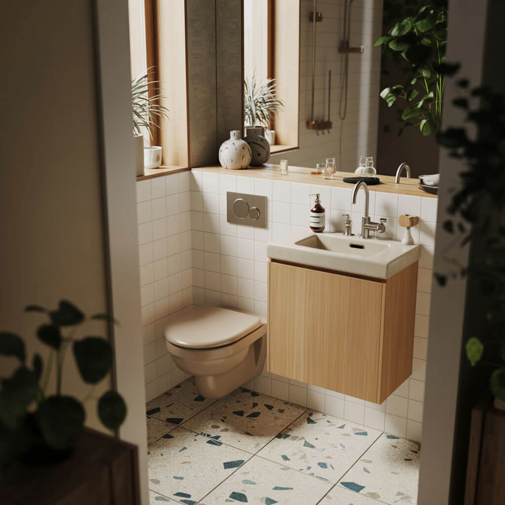 Cozy natural small bathroom with a floating wood vanity, beige toilet, white square tiles, terrazzo floor, and potted plants on the windowsill.