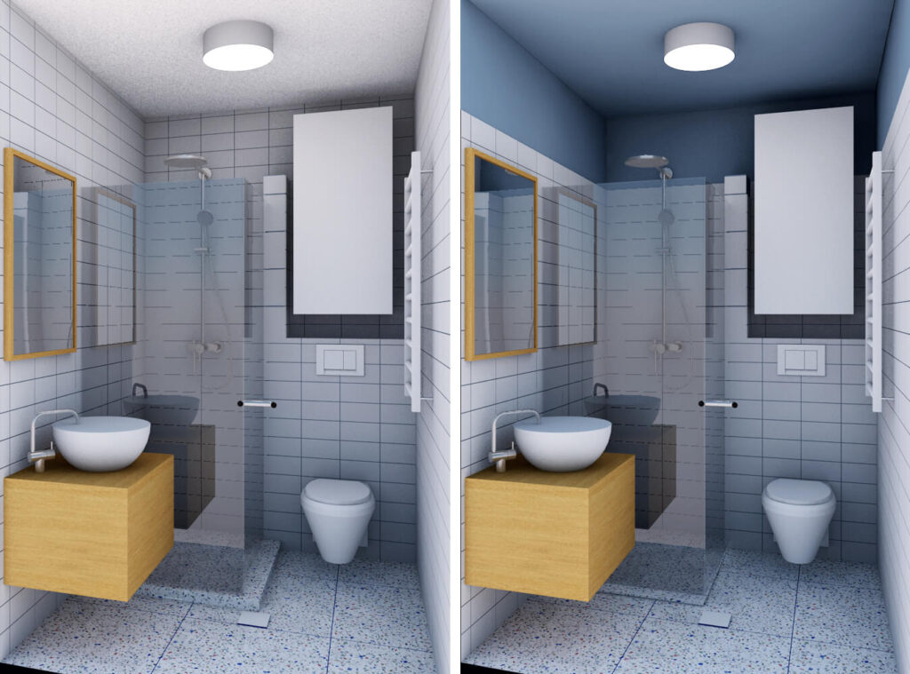 Side-by-side bathroom designs showing modern layouts with white subway wall tiles; the left has white painted walls and ceiling, while the right uses blue paint for the ceiling and upper walls, both with wooden vanities and minimalist decor.