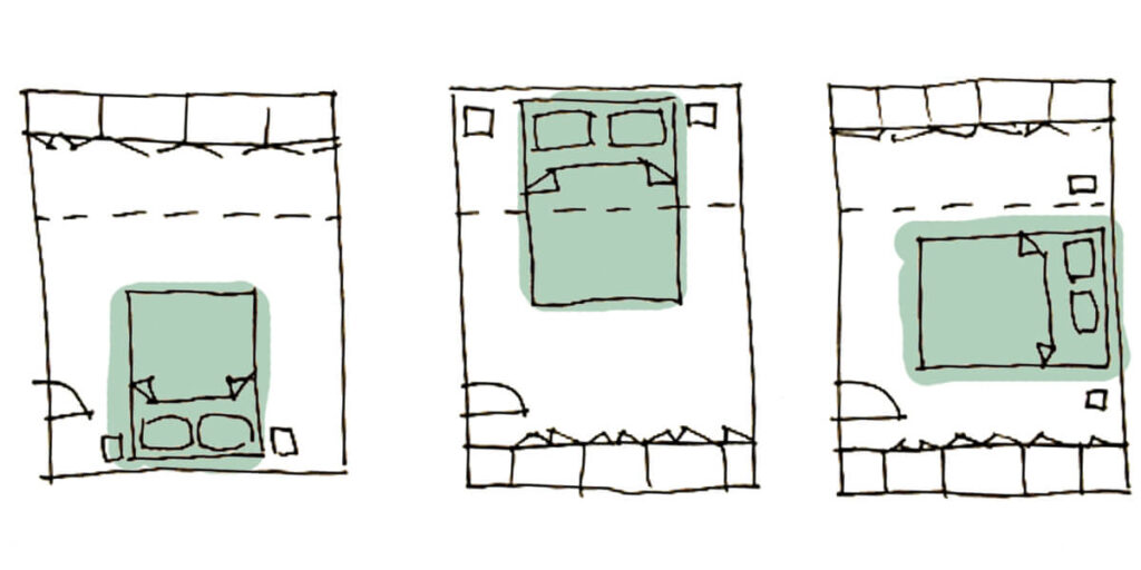 Three hand-drawn attic bedroom layouts for tiny attic and low ceiling designs, featuring bed placements and built-in storage.