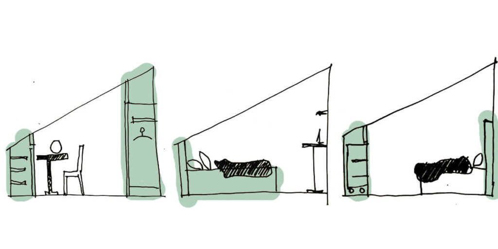 Explanatory sketch showing side views of attic bedrooms with slanted ceilings, built-in desks, shelving, and attic beds for small attic designs.