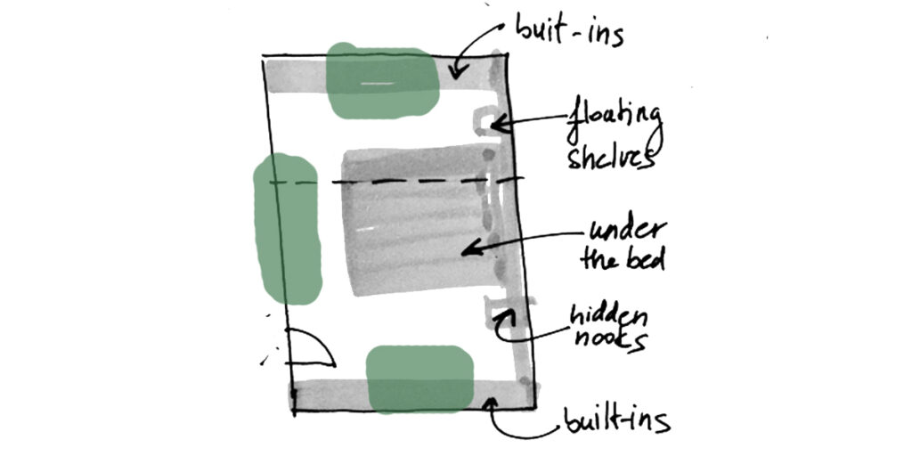 Explanational sketch of a small attic bedroom layout showing design principles such as built-ins, floating shelves, under-bed storage, and hidden nooks for a minimalist bedroom with slanted ceiling, and possible placing of an office desk.