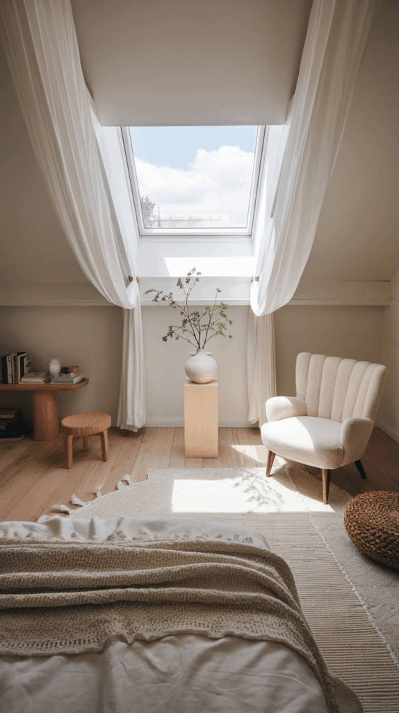 Minimalist cozy attic bedroom with slanted ceiling and large skylight, featuring cream textiles, a soft lounge chair, natural wood accents, and airy curtains.