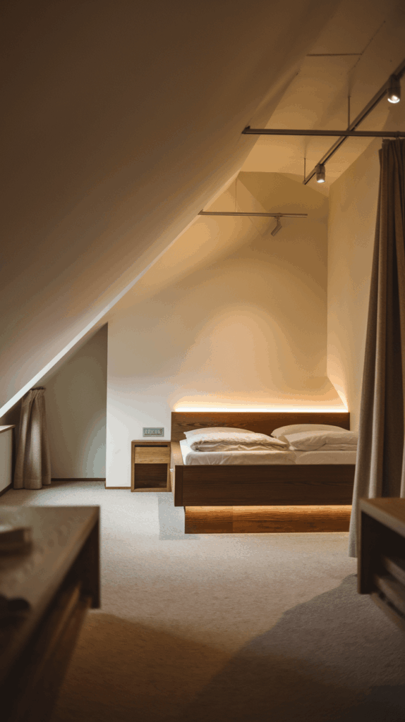 Low ceiling attic bedroom design with wooden bed, simple furnishings, and soft ambient lighting for a cozy, minimalist retreat