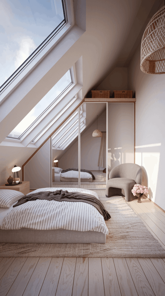 Minimalist attic bedroom with slanted ceiling and large skylights, featuring a low bed, neutral decor, and cozy seating.