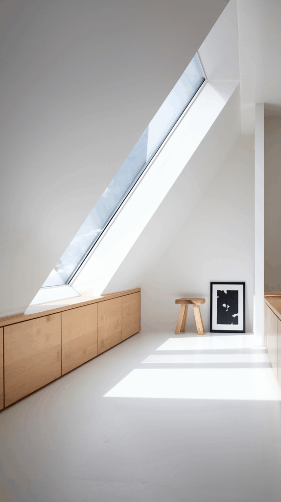 Minimalist attic loft bedroom with slanted ceiling, built-in storage, and airy white decor, ideal for small attic ideas and creative use of low ceilings.