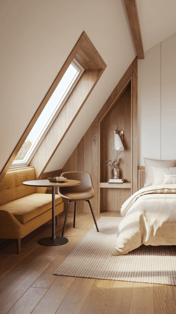 Low attic bedroom with modern wood accents, compact furniture, and a stylish slanted ceiling, ideal for tiny attic bedroom designs.