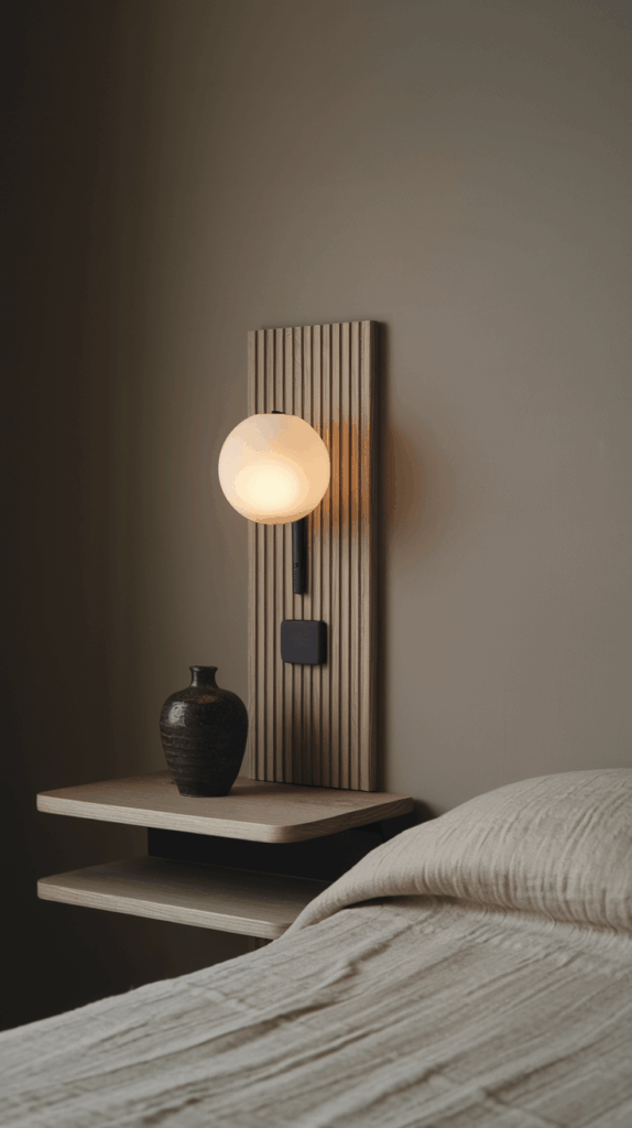 Modern bedroom with a wall-mounted wooden floating bedside table and open shelf, paired with a sculptural lamp and ceramic vase in neutral tones.