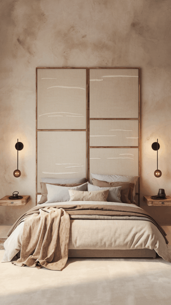 Warm minimalist bedroom featuring twin floating wooden bedside tables on either side of a double bed with soft layered linens and moody sconce lights.