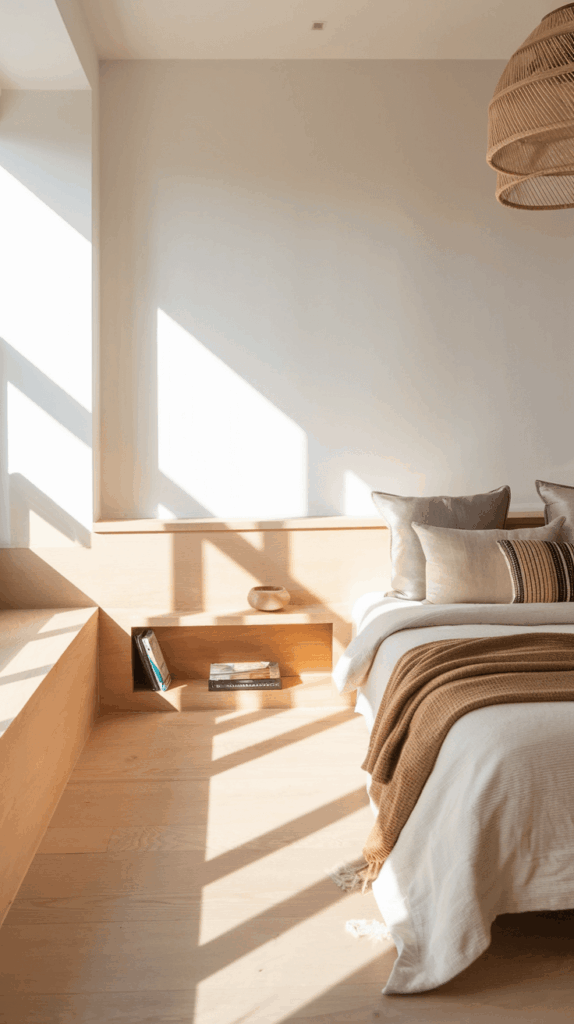 Minimalist bedroom with a low wooden bed and a simple built-in floating bedside table shelf, styled with neutral decor and books
