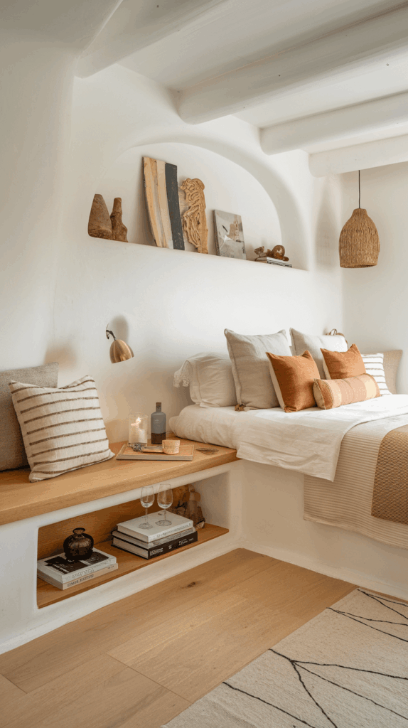 Scandinavian-inspired bedroom featuring a wooden built-in bedside table shelf, styled with layered pillows, books, decor objects, and a cozy reading nook.