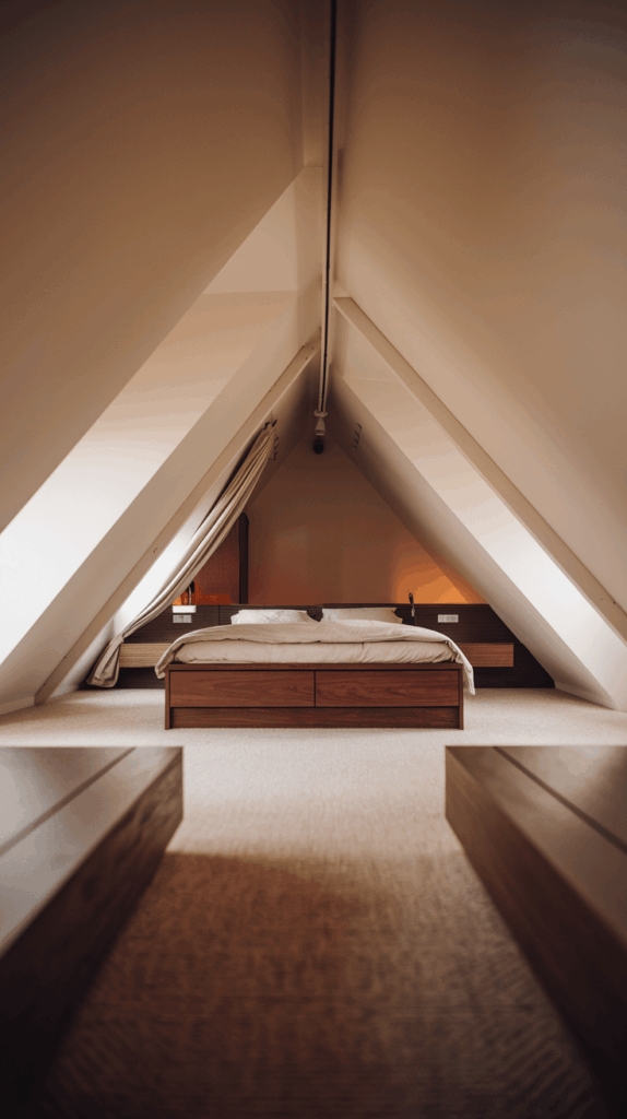 Low ceiling attic bedroom design with angled walls, wooden bed frame, neutral decor, and soft carpet for a cozy, minimalist look.