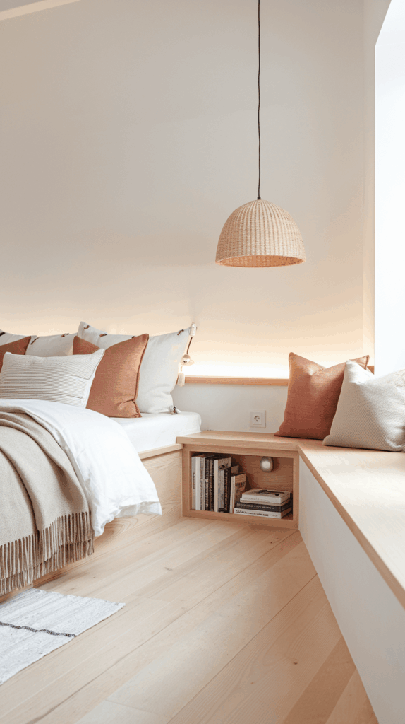 Bright and cozy bedroom with a built-in wooden bedside shelf filled with books, neutral bedding, and rust-colored accent pillows, beneath a woven pendant lamp.