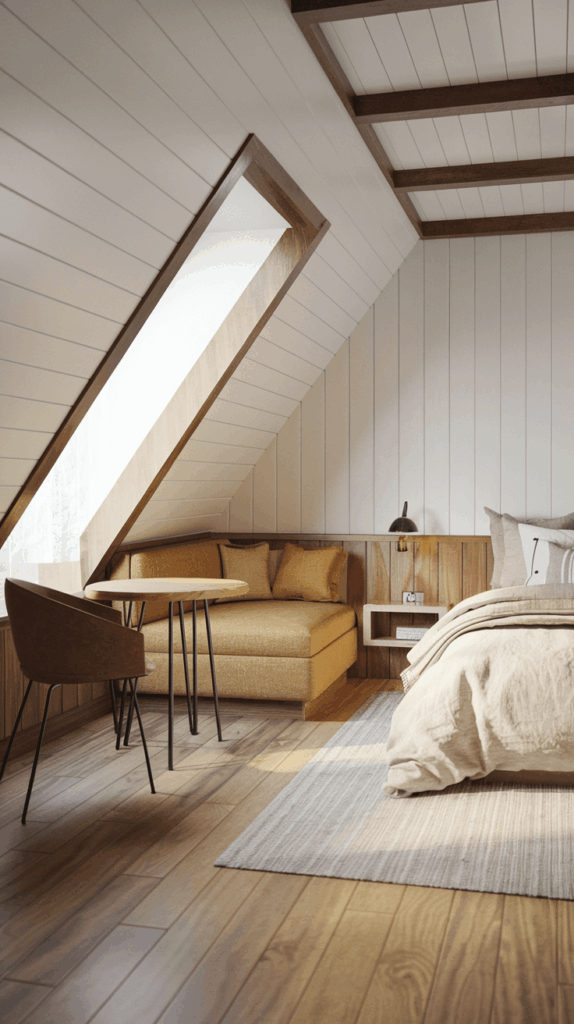 Minimalist attic bedroom with slanted ceiling, warm wood accents, cozy seating, and neutral bedding, set in a small attic room with elegant design.