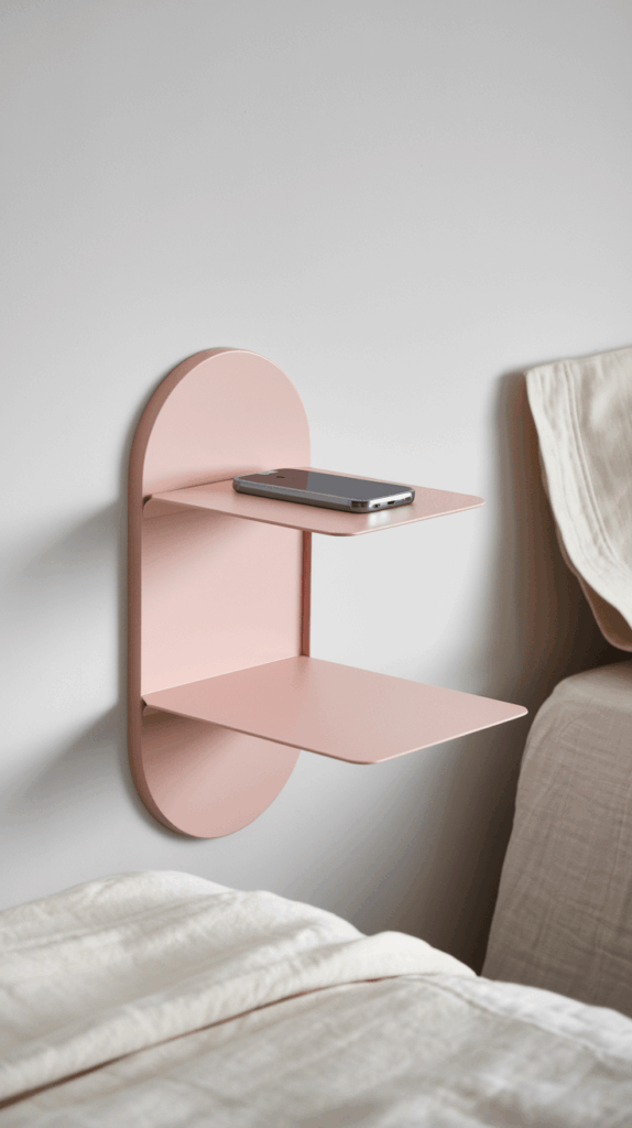 Modern wall-mounted bedside table in soft pink with two minimalist shelves, one holding a smartphone, next to a bed with neutral linens.