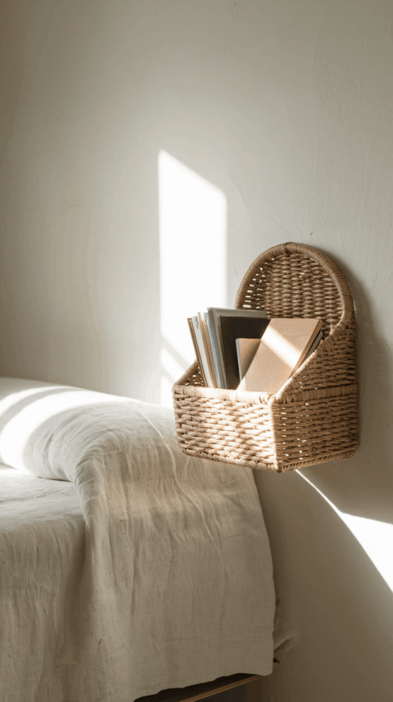 Minimalist bedroom with a wall-mounted woven basket used as a nightstand, holding books beside a bed with soft linen bedding.