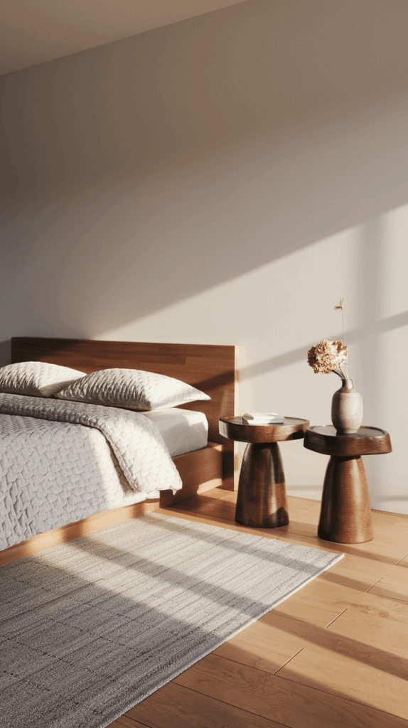 Minimalist bedroom featuring two matching wooden pedestal bedside tables with curved bases, holding ceramics and dried flowers.