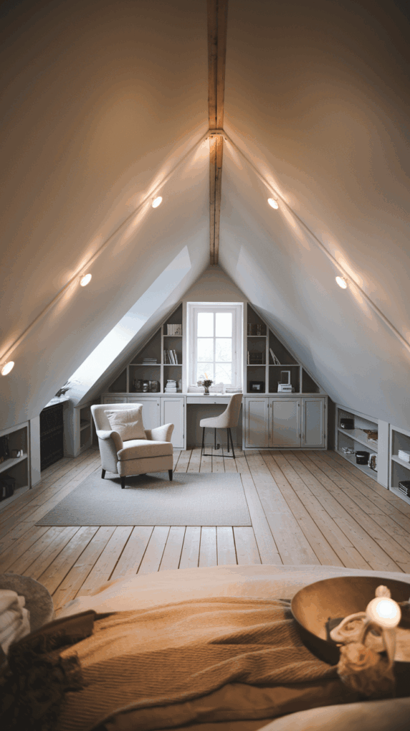 Minimalist attic bedroom with slanted ceiling, built-in shelving, neutral tones, and a cozy lounge chair, highlighting small attic room ideas and master attic design.