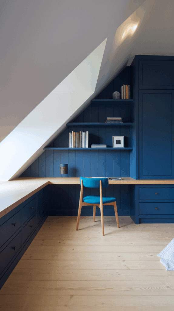 Small attic bedroom with low ceiling and angled white walls, featuring navy blue built-in desk, shelving, and a bright workspace for creative attic bedroom designs.