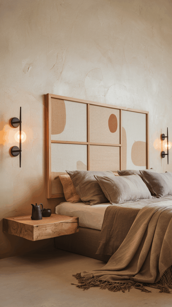Elegant bedroom with a wall-mounted wooden bedside table and geometric headboard, featuring cozy bedding and modern sconce lighting.