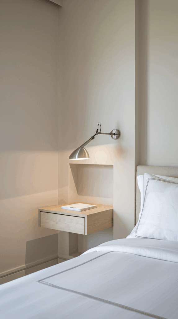 Minimalist bedroom with a floating wooden bedside table integrated into a niche, paired with a sleek reading lamp and crisp white bedding.