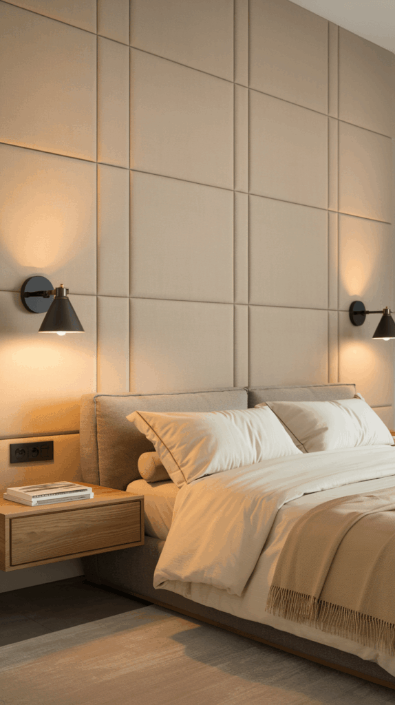 Contemporary bedroom featuring a floating wooden bedside table, plush neutral bedding, and modern wall lamps on a padded accent wall.